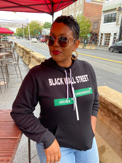 BLACK WALL STREET HOODIE (DESCRIPTION ON BACK)