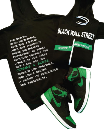 BLACK WALL STREET HOODIE (DESCRIPTION ON BACK)